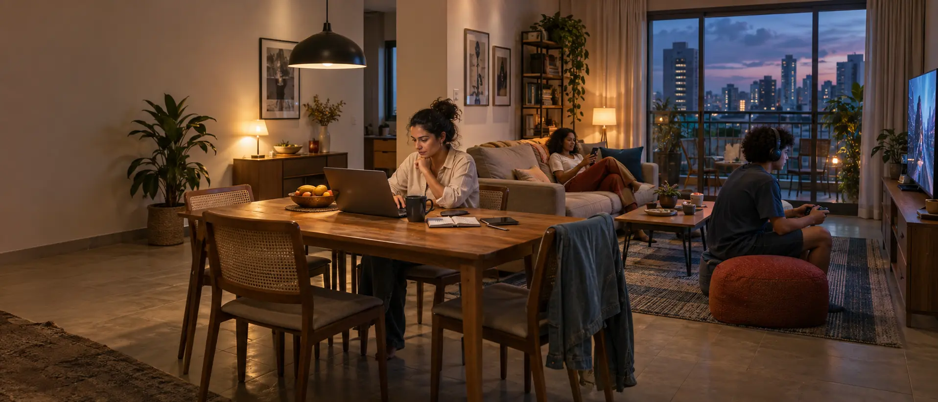 Família usando a internet Elevar em casa