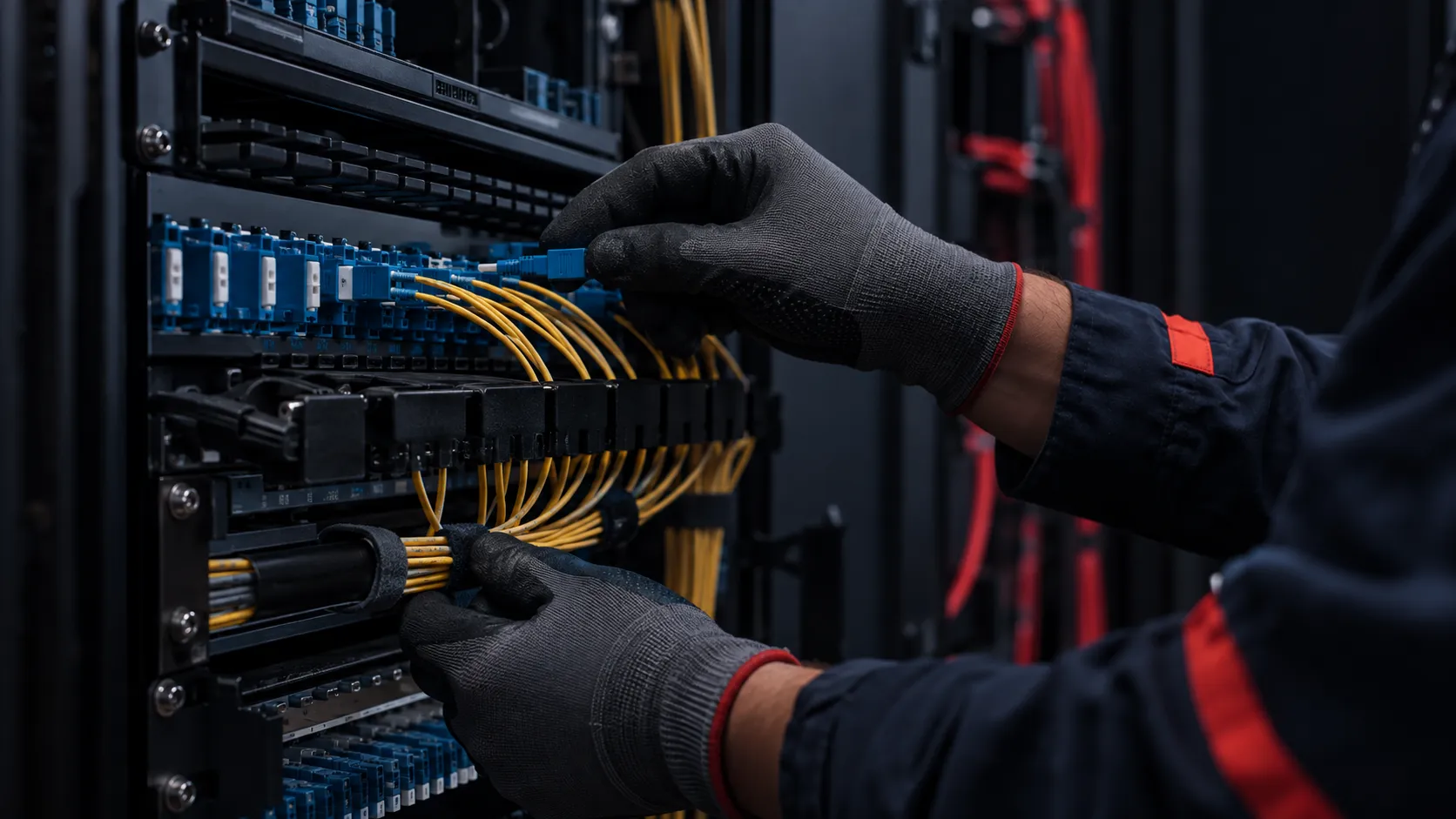 Técnico conectando fibras ópticas em infraestrutura de telecom